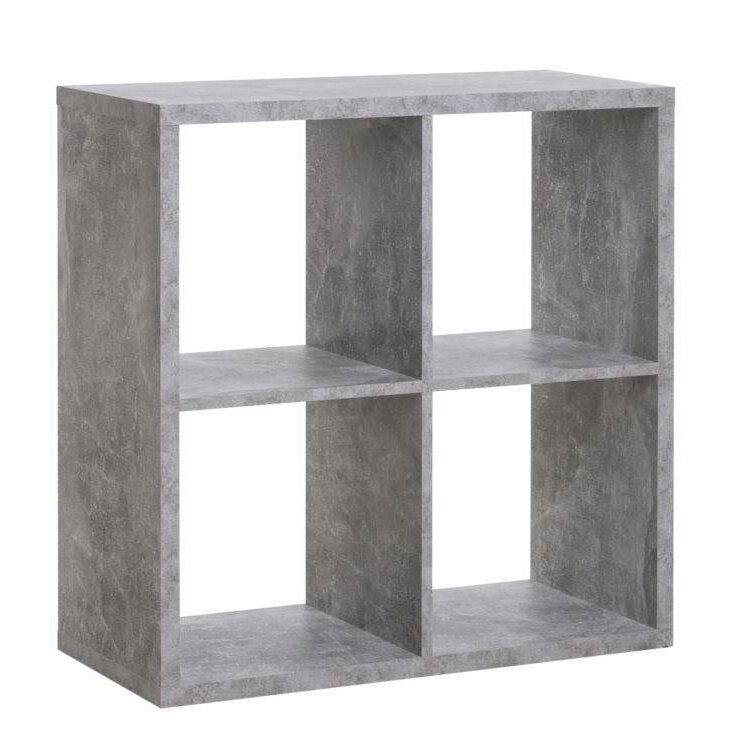 Grauer Regalwürfel mit vier Fächern, seitliche Perspektive