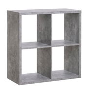 Grauer Regalwürfel mit vier Fächern, seitliche Perspektive