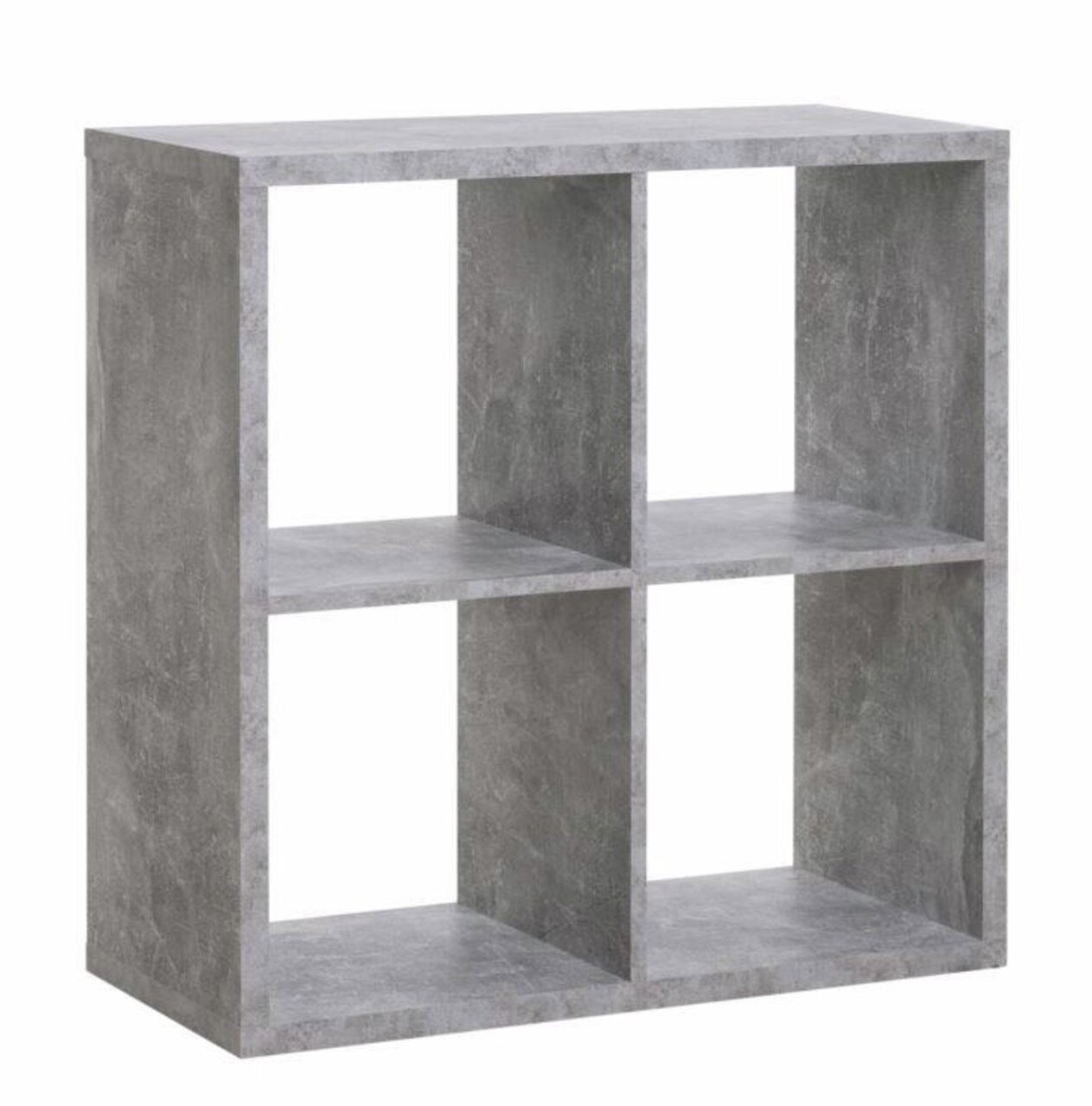 Grauer Regalwürfel mit vier Fächern, seitliche Perspektive