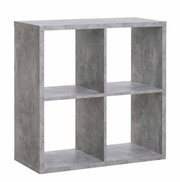 Grauer Regalwürfel mit vier Fächern, seitliche Perspektive