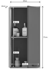 Badezimmerschrank mit geöffneter Tür, zeigt zwei Regalböden mit Pflegeprodukten, aus der Perspektive von vorne betrachtet.