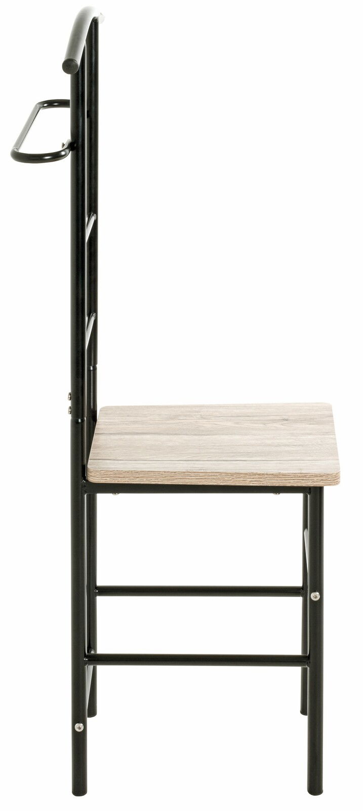 Seitenansicht eines Herrendieners mit schwarzem Metallrahmen und einer Sitzfläche aus Holz.