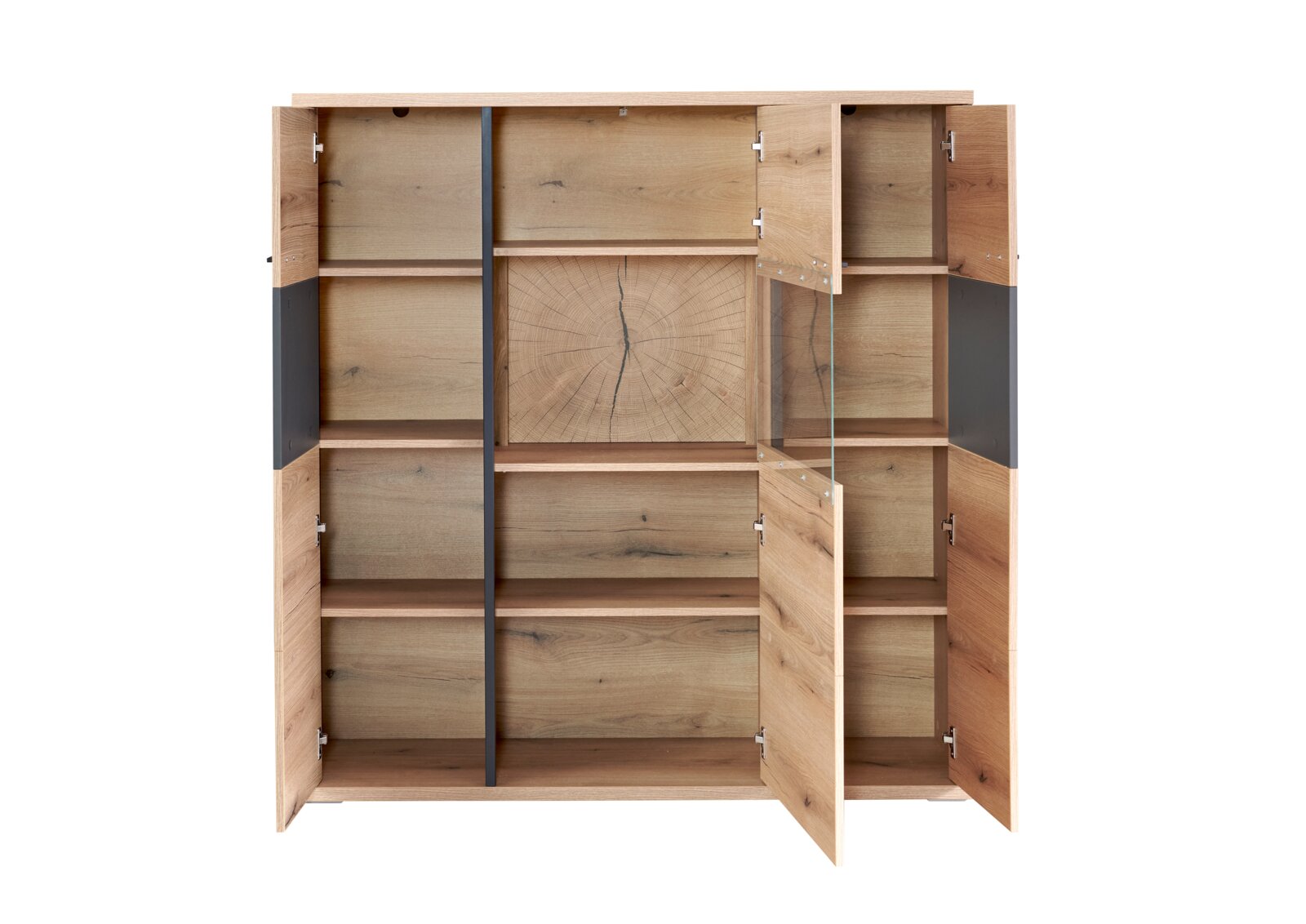 Geöffneter Holzschrank in Eiche-Optik mit mehreren Fächern, Türen und einer Glasfront, frontale Ansicht.
