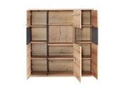 Geöffneter Holzschrank in Eiche-Optik mit mehreren Fächern, Türen und einer Glasfront, frontale Ansicht.