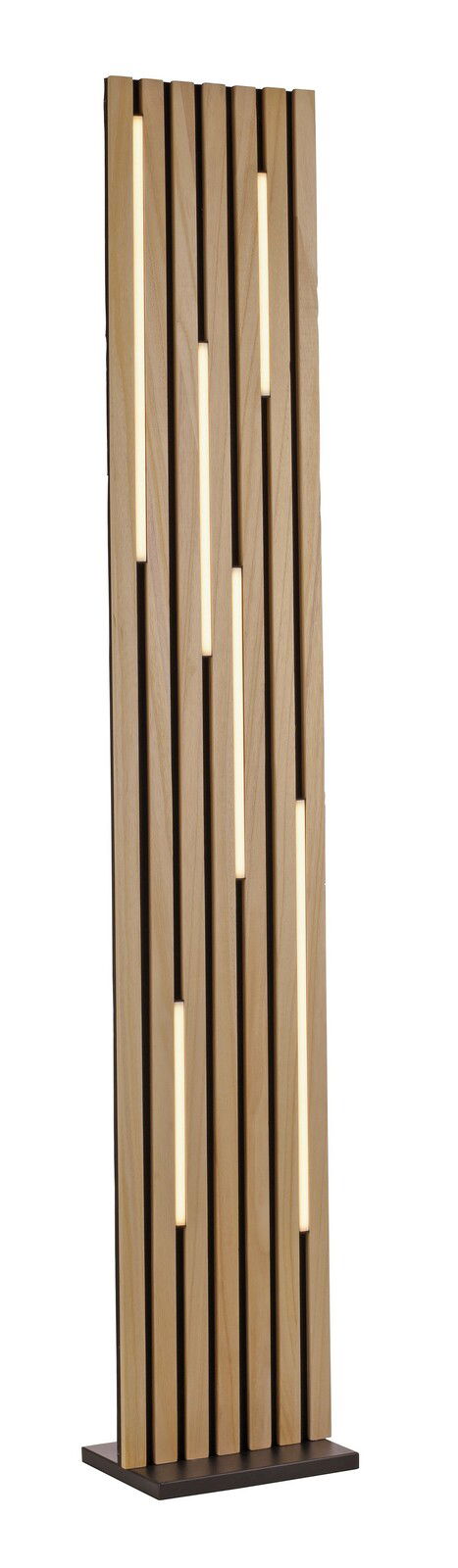 Moderne LED-Stehleuchte aus Holz mit vertikalen Lichtstreifen, frontal betrachtet.