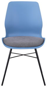 Moderner blauer Stuhl mit grauer Sitzfläche und schwarzen Metallbeinen, Frontalansicht.