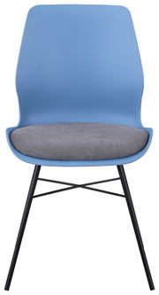 Moderner blauer Stuhl mit grauer Sitzfläche und schwarzen Metallbeinen, Frontalansicht.