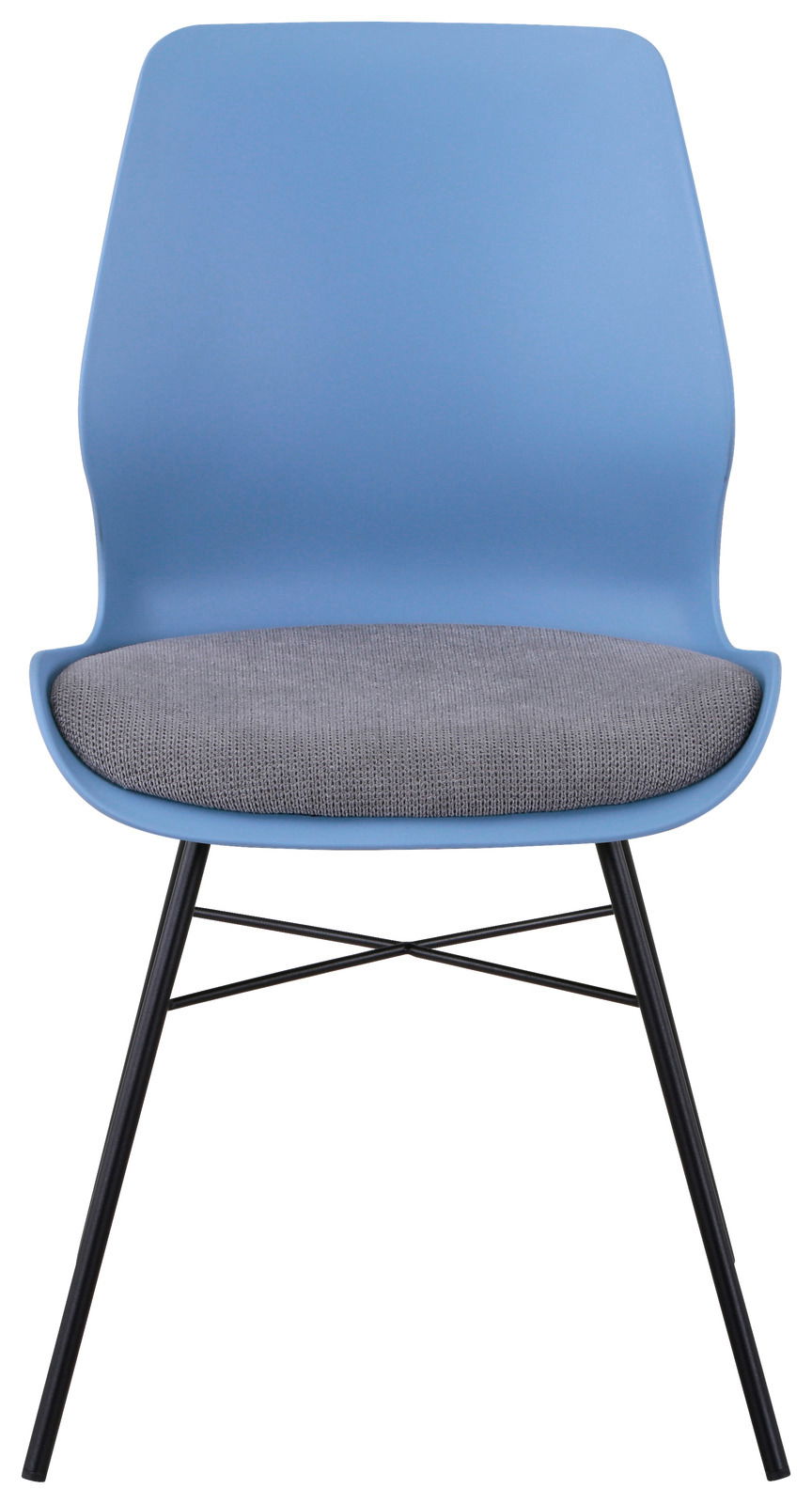 Moderner blauer Stuhl mit grauer Sitzfläche und schwarzen Metallbeinen, Frontalansicht.