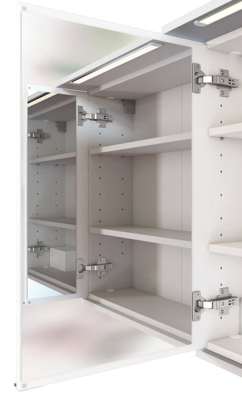 Moderner Spiegelschrank mit offenen Türen, zeigt mehrere Regalböden und integrierte Beleuchtung von innen.