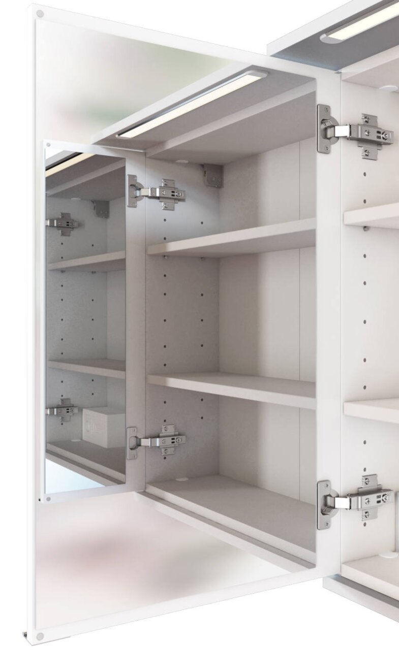Moderne spiegelkast met open deuren, voorzien van meerdere planken en ingebouwde verlichting aan de binnenkant.
