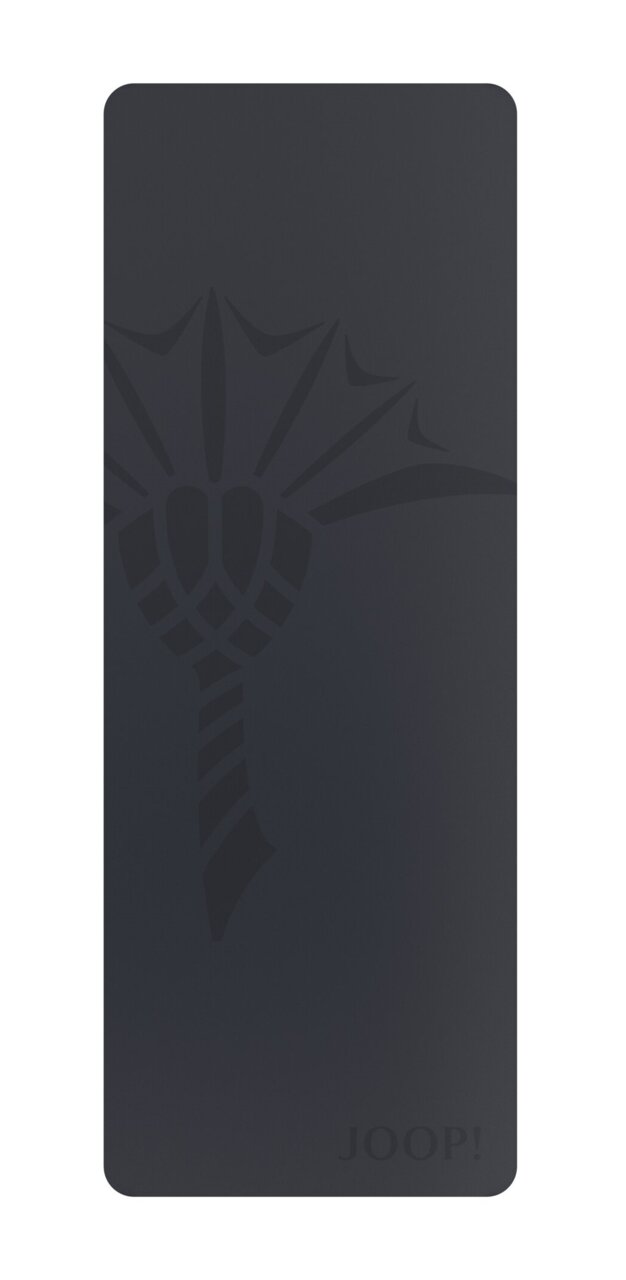 Dunkelgraue Yogamatte mit stilisiertem Muster und JOOP!-Logo, Draufsicht