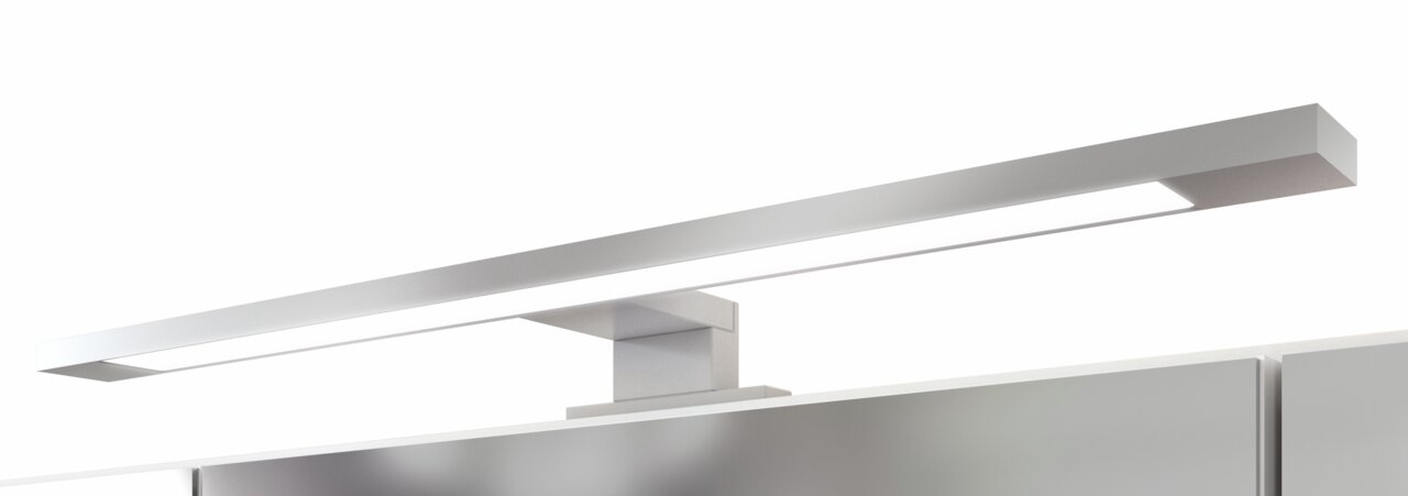 Moderne LED-Leuchte auf einem Spiegelschrank, seitliche Perspektive