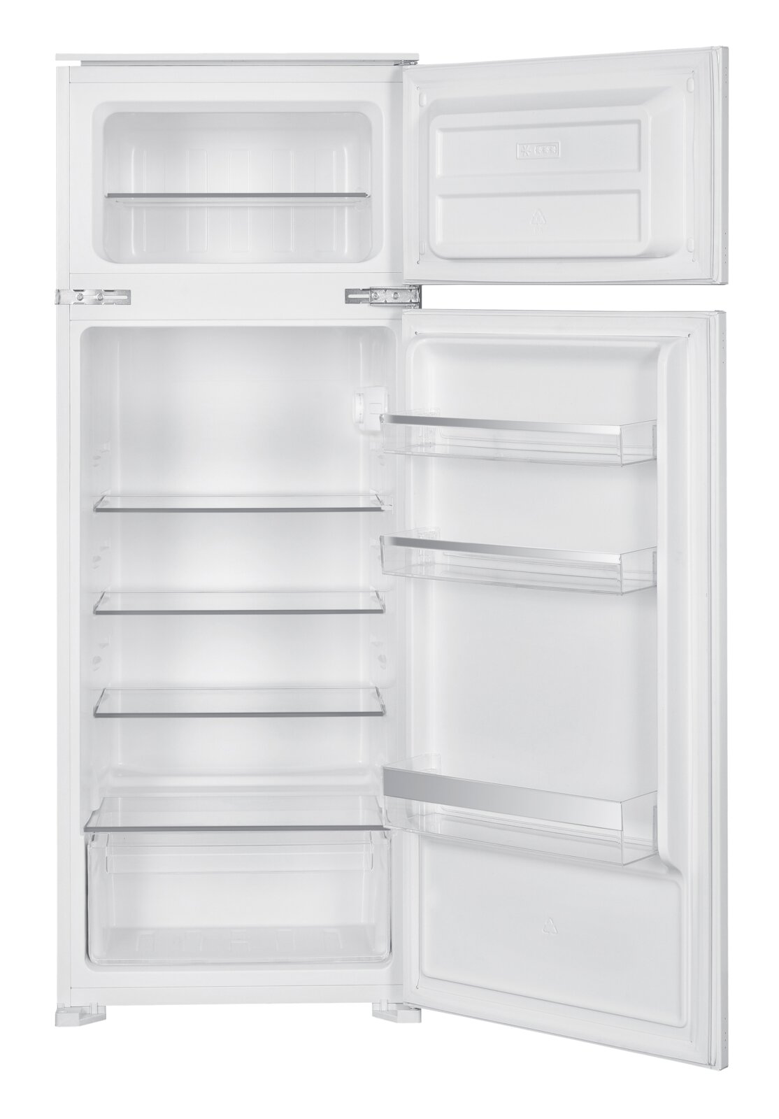 Wolkenstein Einbau Kühl-/Gefrierkombi. WDD230.4EEB Offener Kühlschrank mit Gefrierfach oben, weißer Innenraum mit Glasablagen, Gemüseschublade und Türfächern, frontale Ansicht von leicht rechts