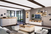 Moderner Couchtisch mit Holzoberfläche und weißen Schubladen, auf Rollen, in einem stilvollen Wohnzimmer mit Blick auf die Seite.