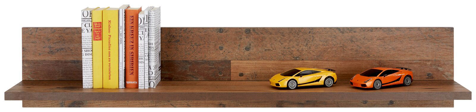 Holz-Wandboard mit Büchern und Modellautos, frontale Ansicht