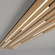 Moderne LED-Deckenleuchte mit Holzlamellen, von unten betrachtet.