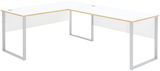 Moderner weißer Eckschreibtisch mit Holzdetails und Metallbeinen, seitliche Perspektive