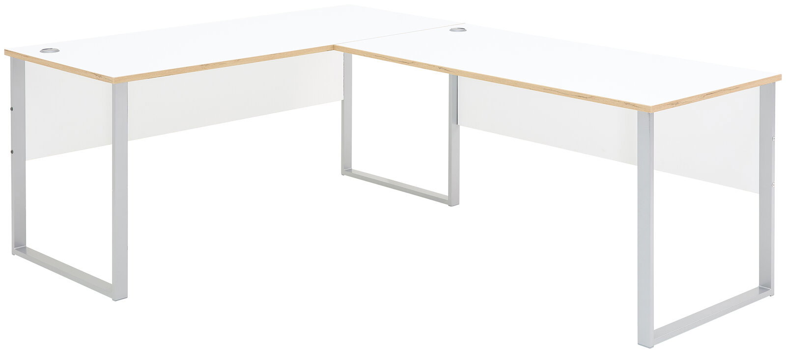 Voleo Eckschreibtisch DETROIT Moderner weißer Eckschreibtisch mit Holzdetails und Metallbeinen, seitliche Perspektive