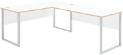 Moderner weißer Eckschreibtisch mit Holzdetails und Metallbeinen, seitliche Perspektive