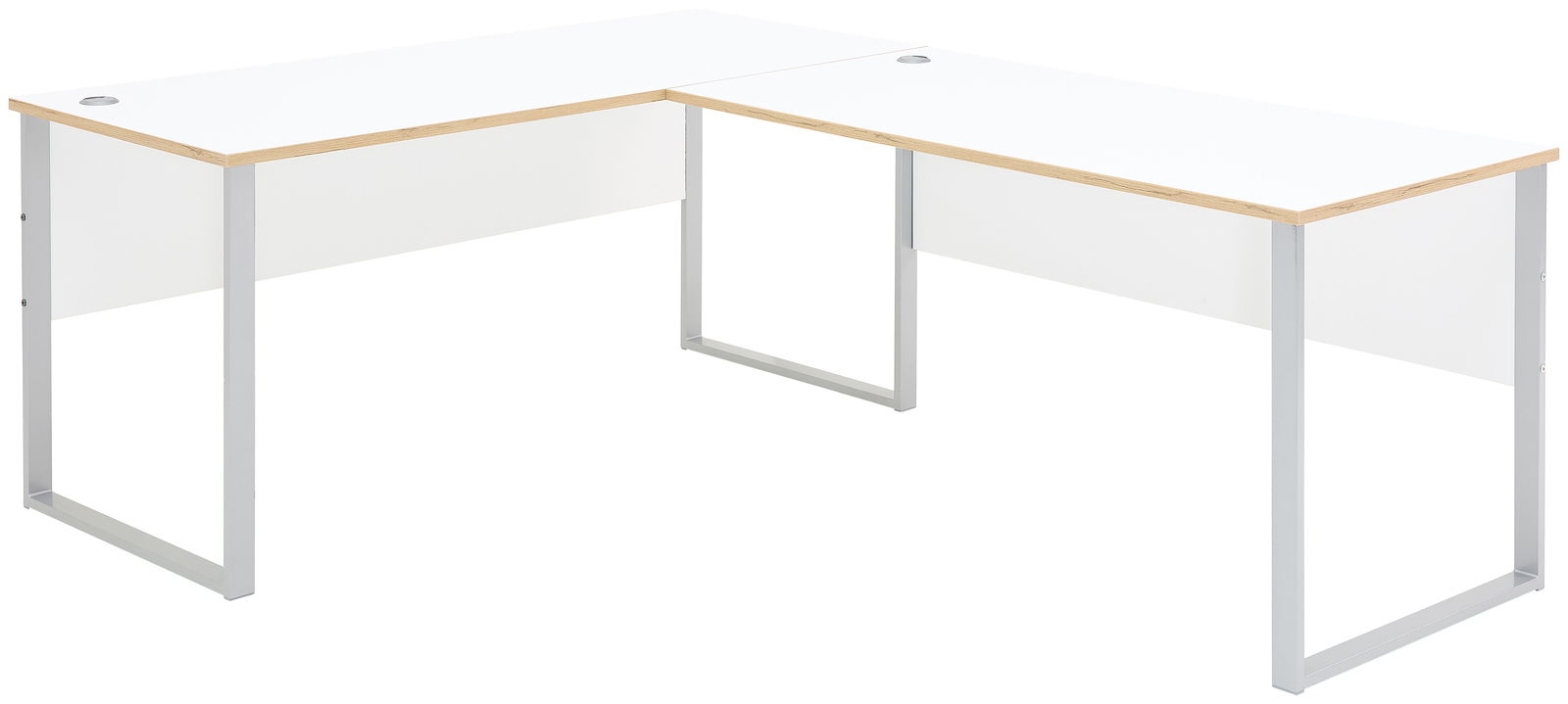 Moderner weißer Eckschreibtisch mit Holzdetails und Metallbeinen, seitliche Perspektive