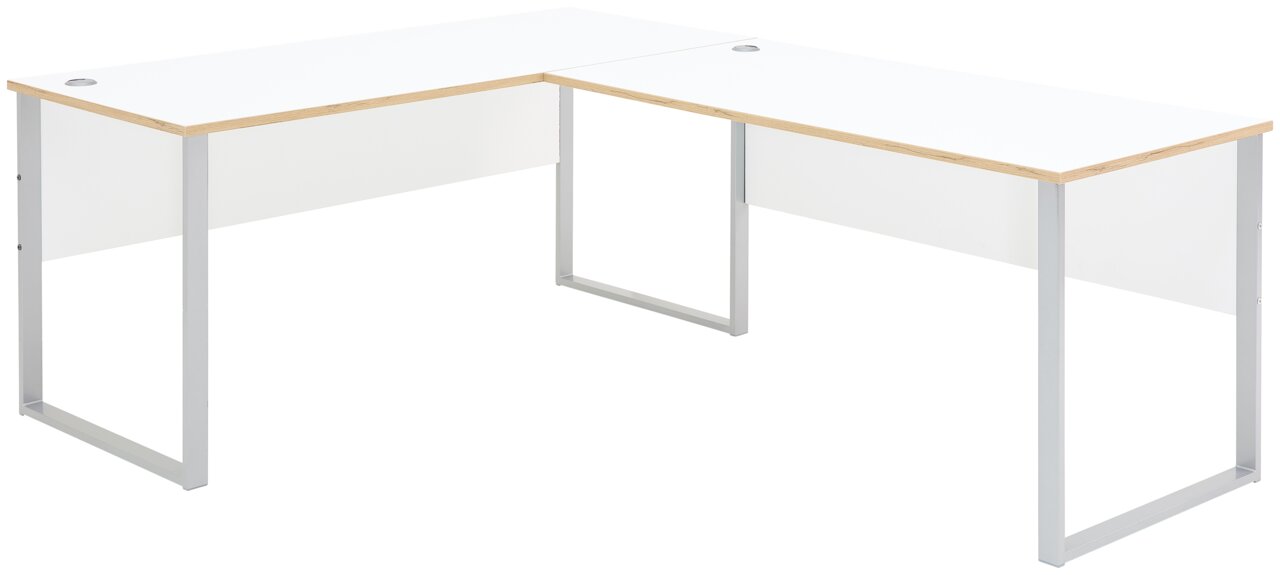 Moderner weißer Eckschreibtisch mit Holzdetails und Metallbeinen, seitliche Perspektive