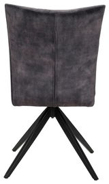 Rückansicht eines modernen Stuhls mit schwarzem Stoffbezug und Metallbeinen.