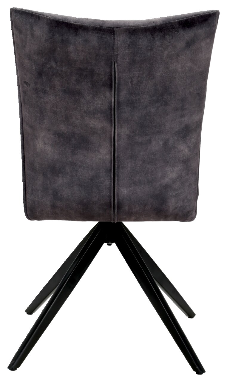 Rückansicht eines modernen Stuhls mit schwarzem Stoffbezug und Metallbeinen.