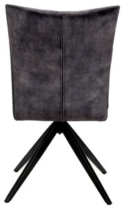 Rückansicht eines modernen Stuhls mit schwarzem Stoffbezug und Metallbeinen.