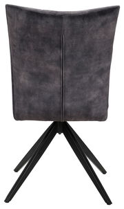 Rückansicht eines modernen Stuhls mit schwarzem Stoffbezug und Metallbeinen.