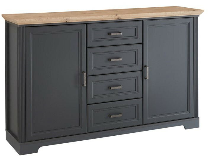 Elegantes Sideboard in dunklem Grau mit Holzplatte, Frontalansicht