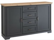 Elegantes Sideboard in dunklem Grau mit Holzplatte, Frontalansicht