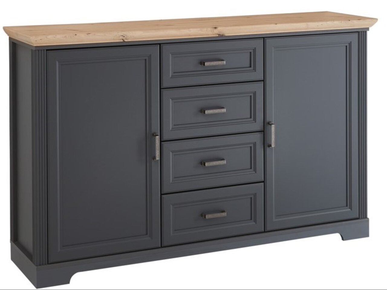 Elegantes Sideboard in dunklem Grau mit Holzplatte, Frontalansicht