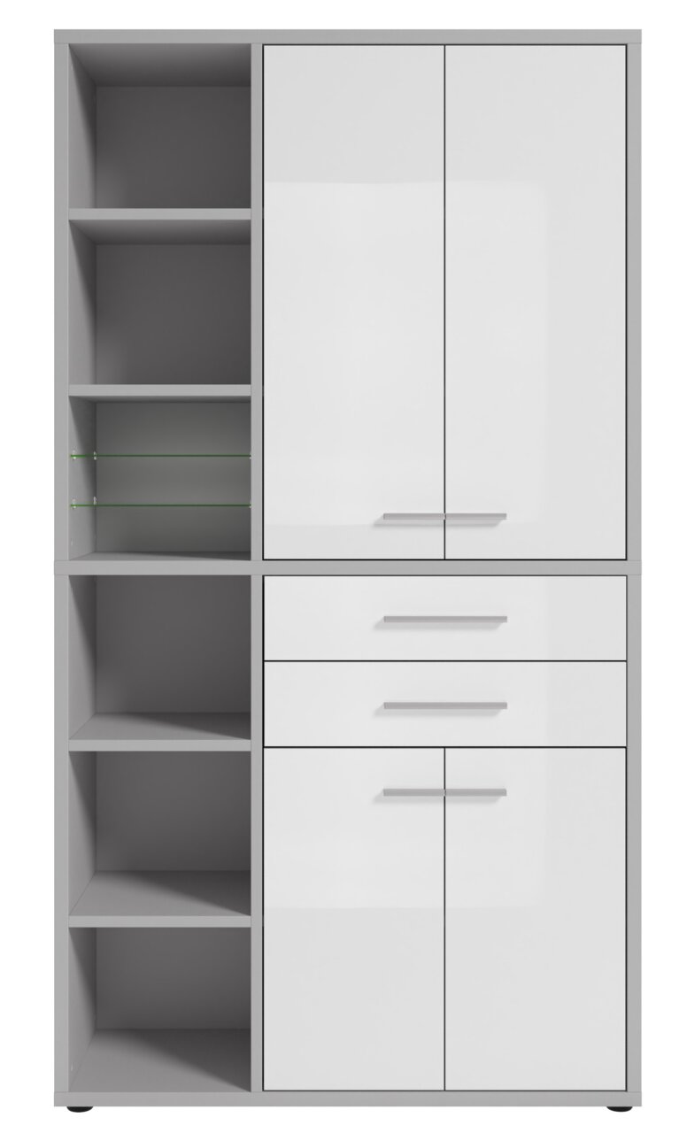 Moderner, hoher Aktenschrank mit weißen Türen und offenen Regalfächern, Frontalansicht