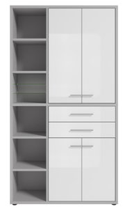 Moderner, hoher Aktenschrank mit weißen Türen und offenen Regalfächern, Frontalansicht