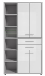 Moderner, hoher Aktenschrank mit weißen Türen und offenen Regalfächern, Frontalansicht