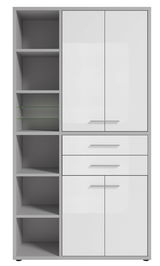 Moderner, hoher Aktenschrank mit weißen Türen und offenen Regalfächern, Frontalansicht