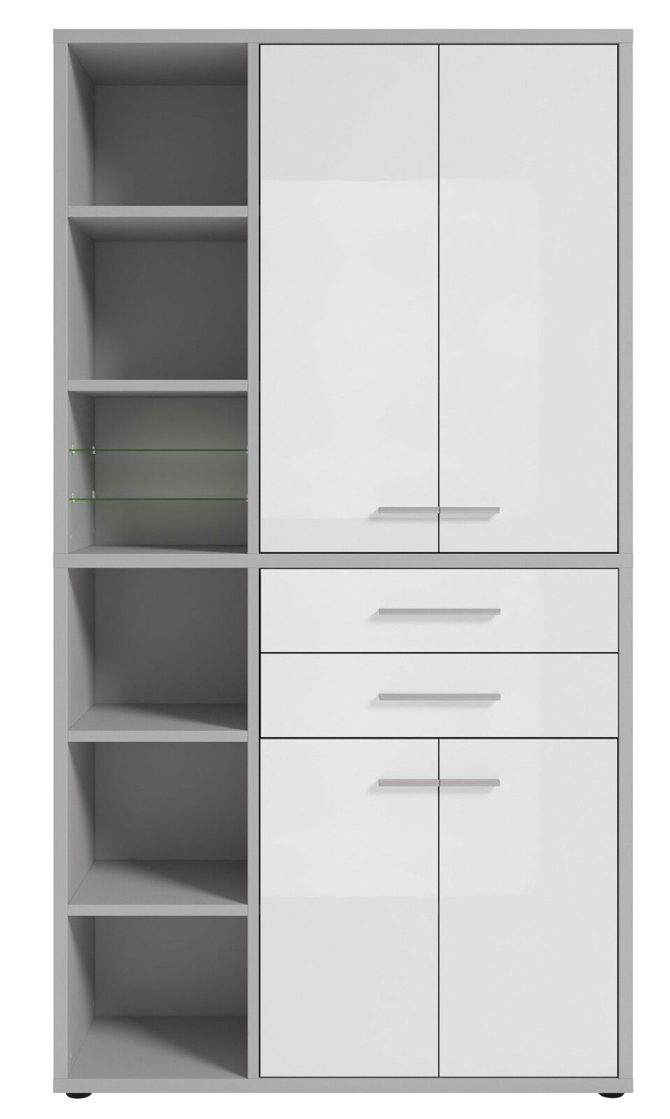 Moderner, hoher Aktenschrank mit weißen Türen und offenen Regalfächern, Frontalansicht