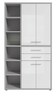 Moderner, hoher Aktenschrank mit weißen Türen und offenen Regalfächern, Frontalansicht