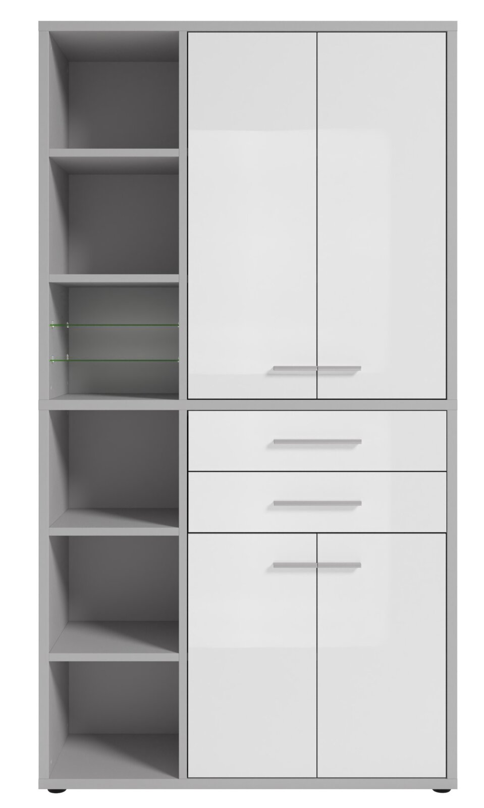 Moderner, hoher Aktenschrank mit weißen Türen und offenen Regalfächern, Frontalansicht