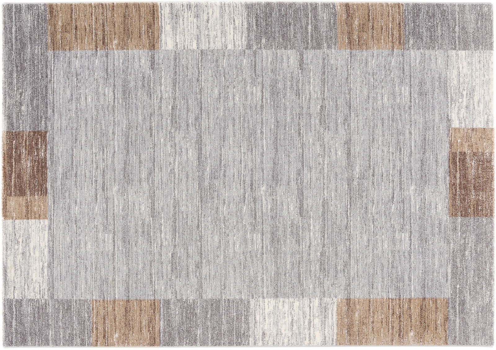 Frisé-Teppich in Grau mit geometrischen Mustern in Braun und Beige, Draufsicht