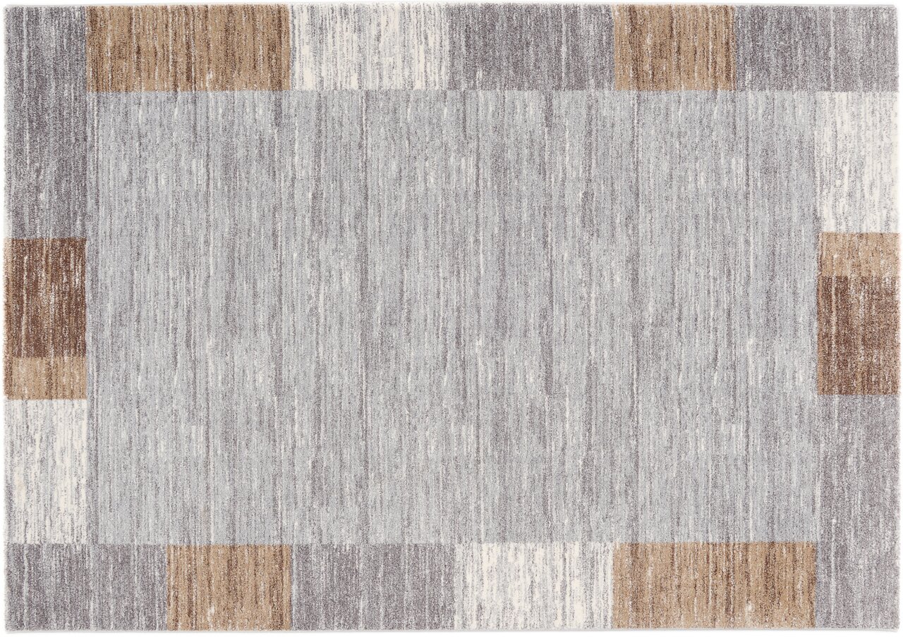 Frisé-Teppich in Grau mit geometrischen Mustern in Braun und Beige, Draufsicht