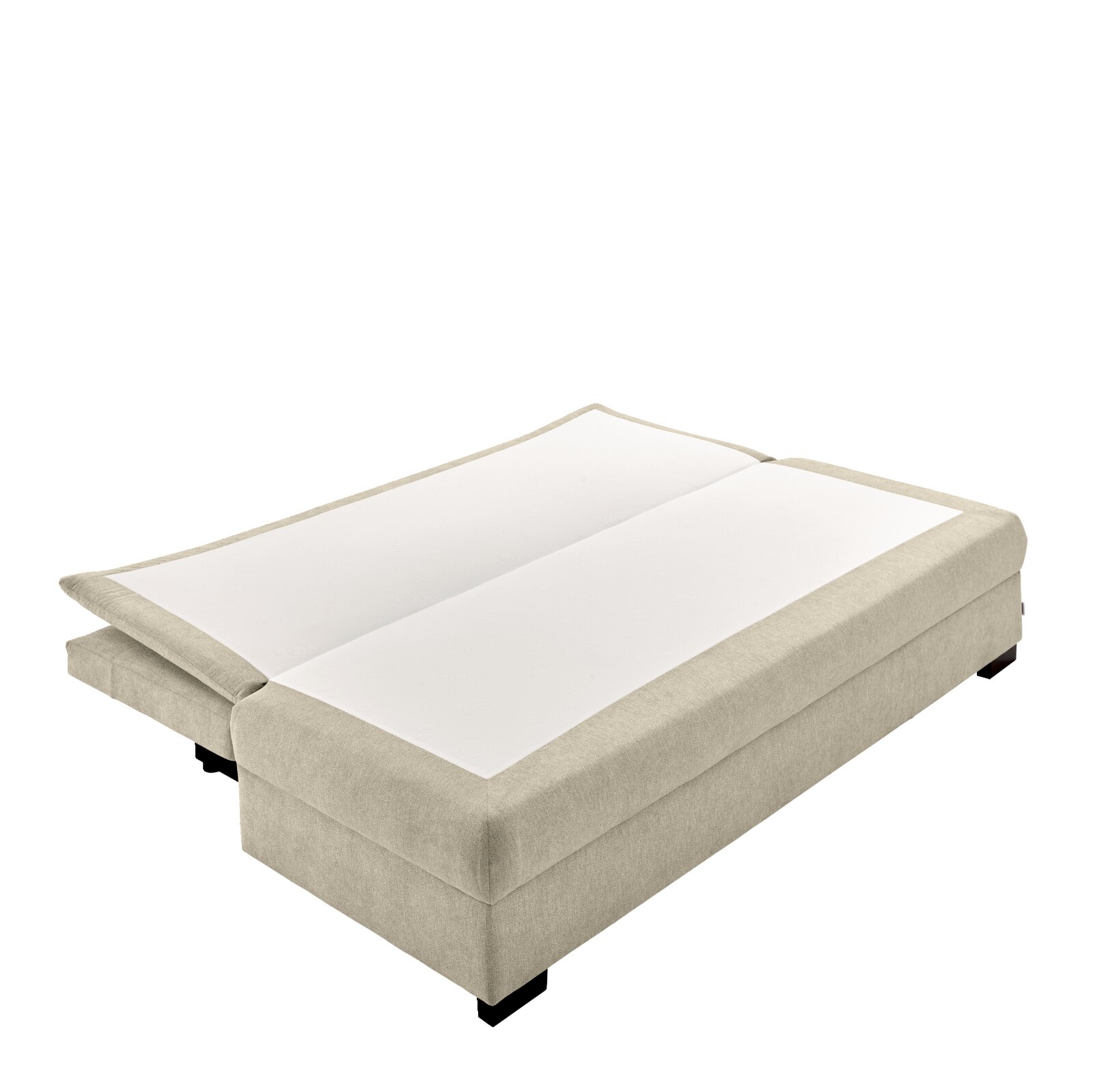 Functionele bank in beige, van schuin bovenaf gefotografeerd, in uitgeklapte stand als bed.