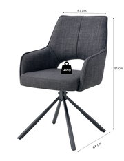 Gepolsterter Esszimmerstuhl in Dunkelgrau mit Armlehnen und schwarzem Metall-Drehkreuzgestell, Maße ca. 57 cm Breite, 91 cm Höhe, 64 cm Tiefe, belastbar bis 120 kg, Ansicht schräg von vorne.