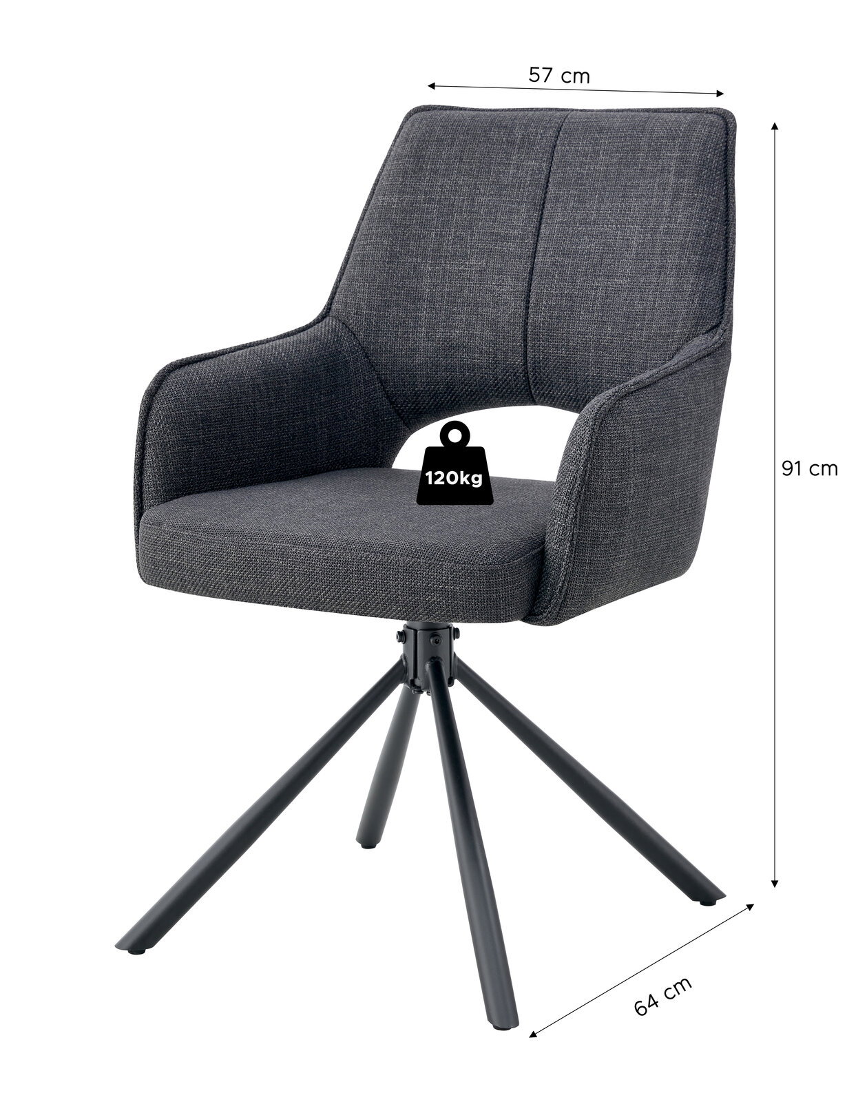 Gepolsterter Esszimmerstuhl in Dunkelgrau mit Armlehnen und schwarzem Metall-Drehkreuzgestell, Maße ca. 57 cm Breite, 91 cm Höhe, 64 cm Tiefe, belastbar bis 120 kg, Ansicht schräg von vorne.