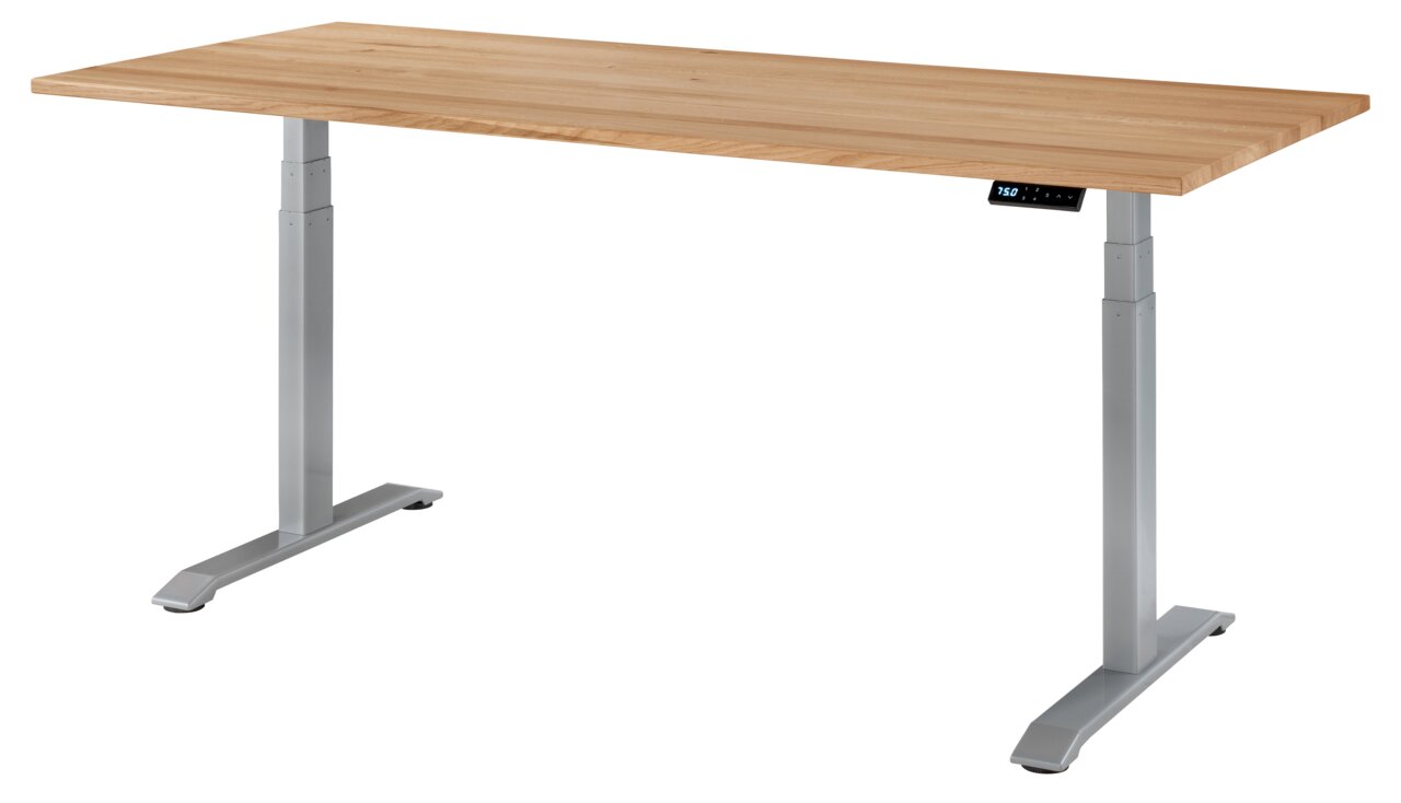 Moderner E-Schreibtisch mit Holzplatte und silbernem Gestell, seitliche Perspektive