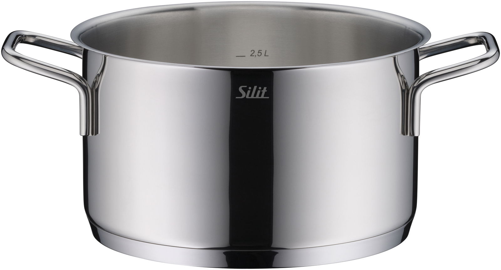 Edelstahl Kochtopf mit zwei Griffen, seitliche Perspektive, 2,5 Liter Kapazität