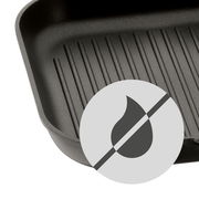 Nahaufnahme einer schwarzen, gerippten Grillpfanne aus Aluguss, 27x27cm, mit Antihaftsymbol.