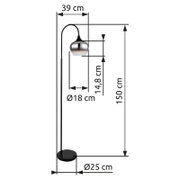 Stehleuchte mit gebogenem Stab und kugelförmigem Lampenschirm, seitliche Ansicht, Höhe 150 cm, Schirmdurchmesser 18 cm, Basisdurchmesser 25 cm.