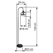 Stehleuchte mit gebogenem Stab und kugelförmigem Lampenschirm, seitliche Ansicht, Höhe 150 cm, Schirmdurchmesser 18 cm, Basisdurchmesser 25 cm.