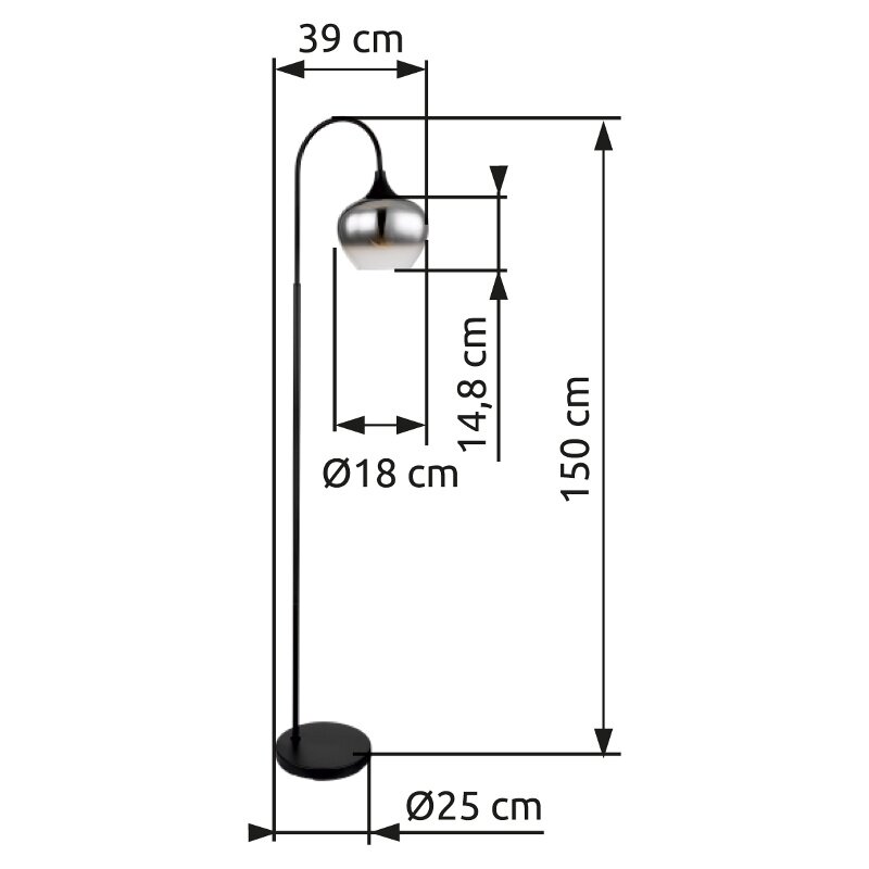 Stehleuchte mit gebogenem Stab und kugelförmigem Lampenschirm, seitliche Ansicht, Höhe 150 cm, Schirmdurchmesser 18 cm, Basisdurchmesser 25 cm.